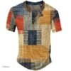 Men's Clothing Graphic Plaid Color Block Printed Men's Waffle Henley Shirt Short Sleeve