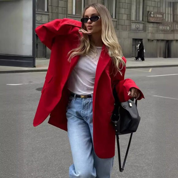 Feminine Style Shoulder Pad Loose Collar Pocket Jacket - Image 5