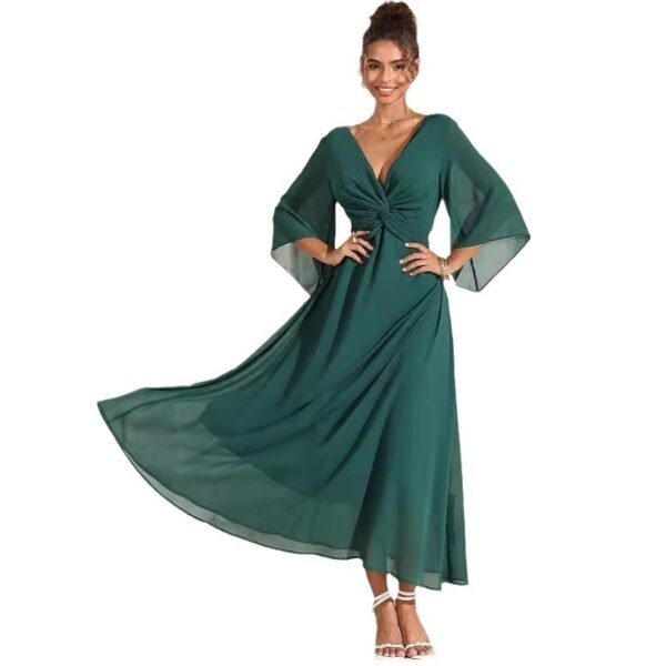 Solid Color V-neck Bell Sleeve Extra Long Dress - Image 5