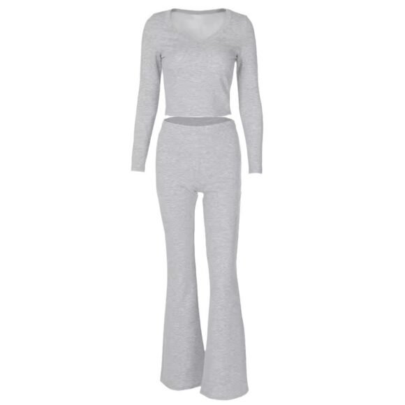 Solid Color Long Sleeve Flared Pants Two-piece Fashion Slim Fit Suit - Image 6