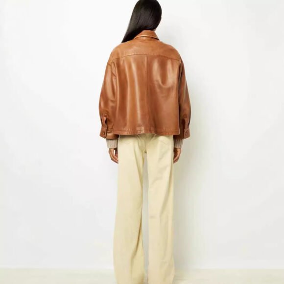 Elegant Brown Profile PU Leather Coat For Women - Image 2