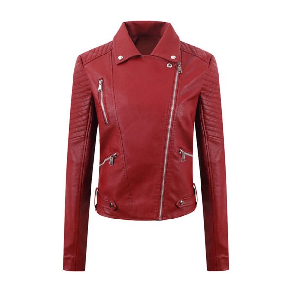 PU Women's Short Leather Oblique Pull Slim Motorcycle Clothing Washed Leather Jacket - Image 3