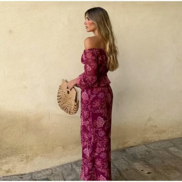 European And American Style Printed Off-shoulder Off-shoulder Rose Red Long Sleeve Shirt Printed High Waist Skirt - Image 3