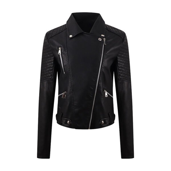 PU Women's Short Leather Oblique Pull Slim Motorcycle Clothing Washed Leather Jacket - Image 4