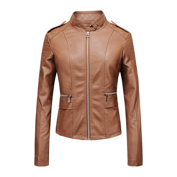 Women's Leather Jacket Women's Slim-fit Leather Jacket Women's Motorcycle Clothing PU Leather Women's Jacket Short Women's Leather Jacket Three-line Craft - Image 3