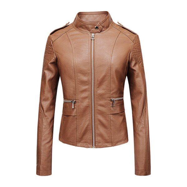 Women's Leather Jacket Women's Slim-fit Leather Jacket Women's Motorcycle Clothing PU Leather Women's Jacket Short Women's Leather Jacket Three-line Craft - Image 3