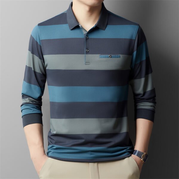 Fashion Colorblock Striped Long Sleeve Lapel T-shirt - Image 2