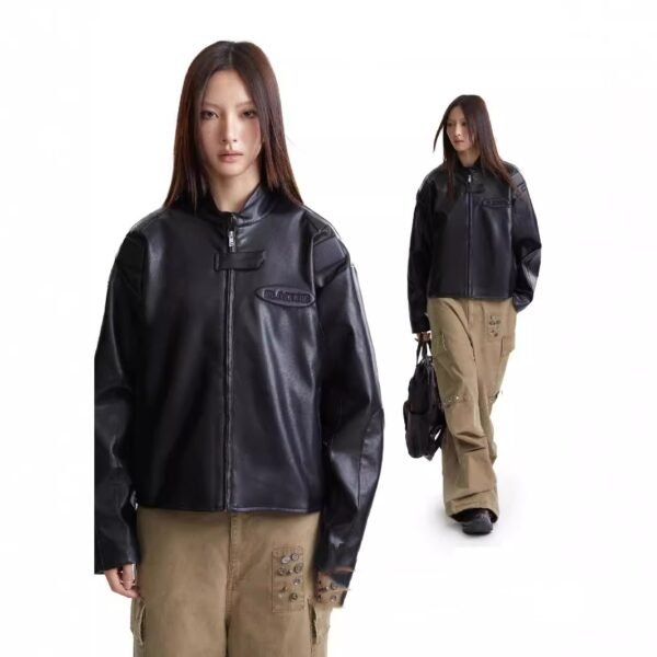 Motorcycle Clothing PU Leather Zip Turtleneck Jacket Men's And Women's Coats - Image 3