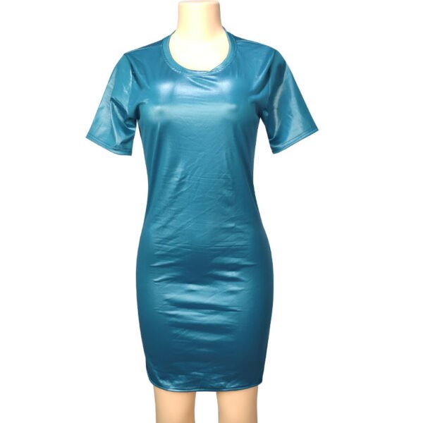 Faux Leather Long Sleeve Round Neck Knee Sheath Tight Dress - Image 7