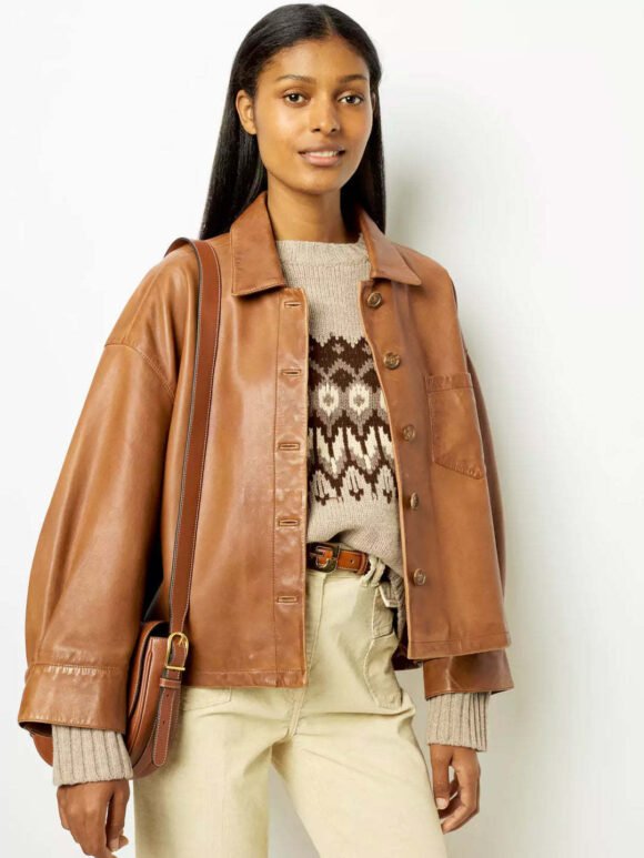 Elegant Brown Profile PU Leather Coat For Women - Image 3