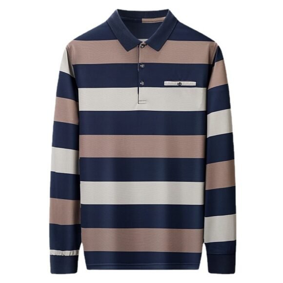 Fashion Colorblock Striped Long Sleeve Lapel T-shirt - Image 5