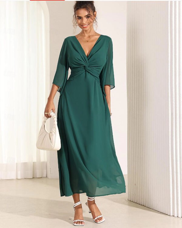 Solid Color V-neck Bell Sleeve Extra Long Dress - Image 2