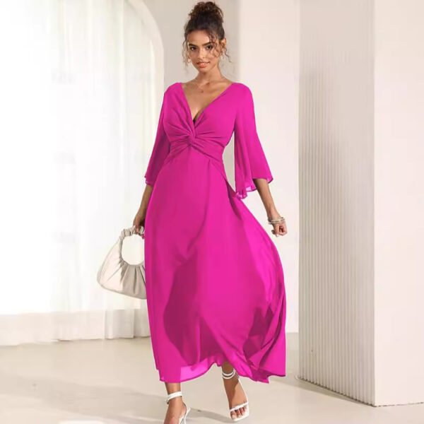 Solid Color V-neck Bell Sleeve Extra Long Dress - Image 3