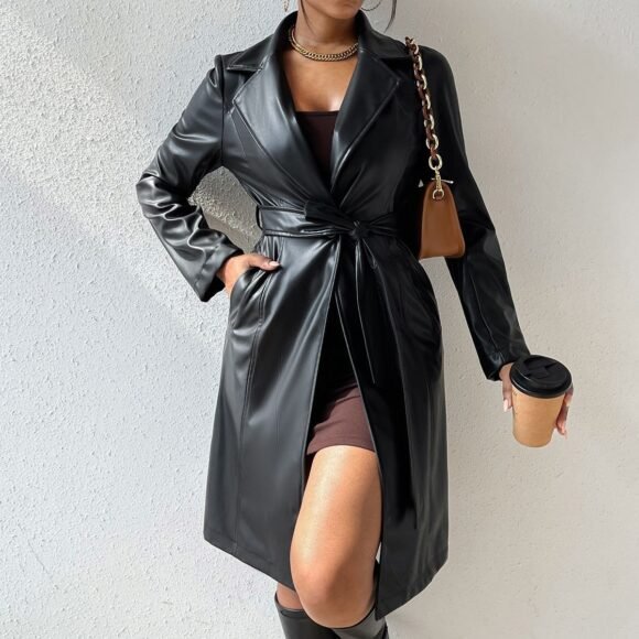 PU Long Sleeve Women's Slim Fit Long Trench Coat - Image 2