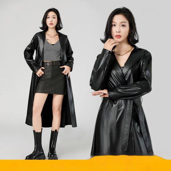 Extra Long Bathrobe Leather Wind Coat Women's Leather Jacket - Image 6