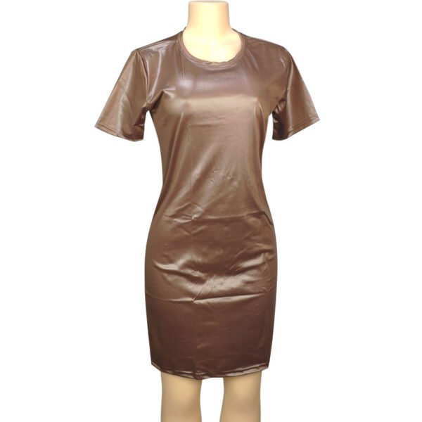 Faux Leather Long Sleeve Round Neck Knee Sheath Tight Dress - Image 3