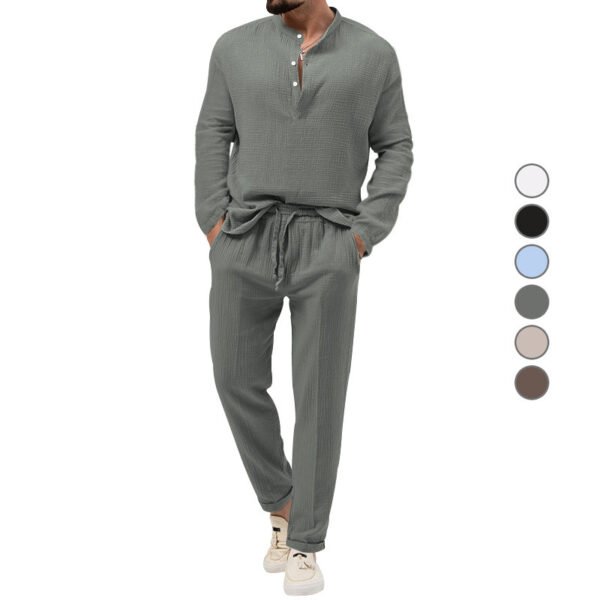 Solid Color Casual T-shirt Long Sleeve Shirt Trousers Suit - Image 3