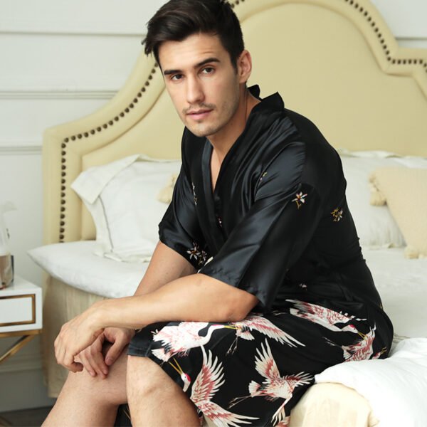 Mid-length Printed Artificial Silk Nightgown Men's Groom Best Man Morning Gowns Sexy Pajamas - Image 3