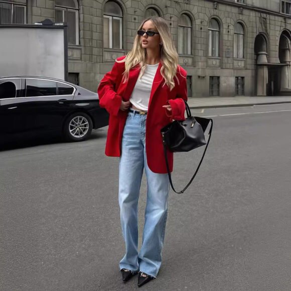 Feminine Style Shoulder Pad Loose Collar Pocket Jacket - Image 4