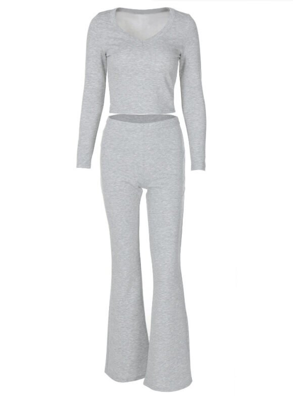 Solid Color Long Sleeve Flared Pants Two-piece Fashion Slim Fit Suit - Image 7
