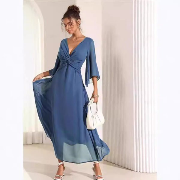 Solid Color V-neck Bell Sleeve Extra Long Dress - Image 4