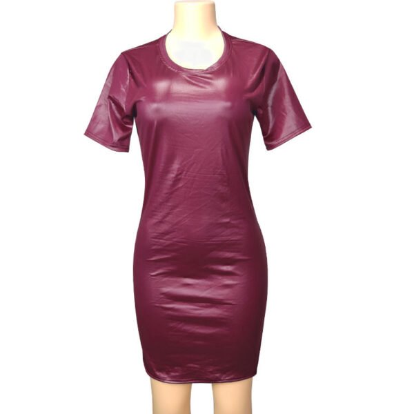 Faux Leather Long Sleeve Round Neck Knee Sheath Tight Dress - Image 5