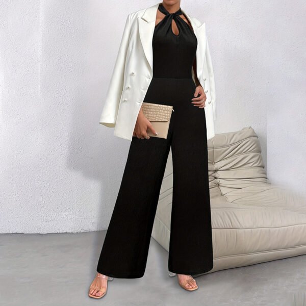 Solid Color Elegant Commuter Halter Sleeveless Long Jumpsuit - Image 3