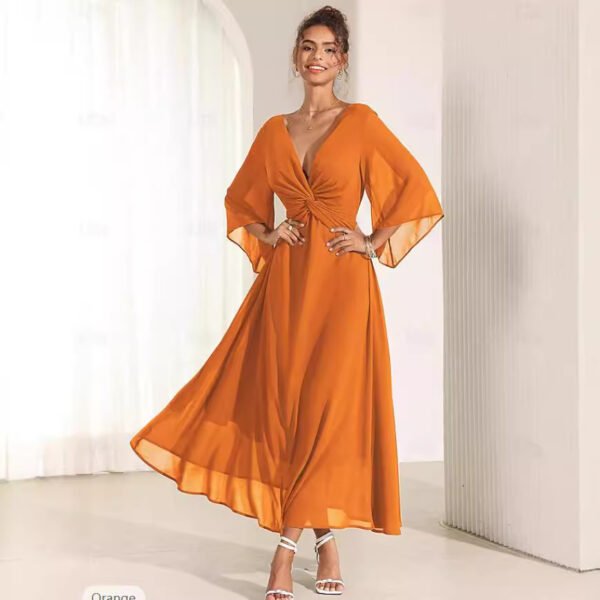 Solid Color V-neck Bell Sleeve Extra Long Dress - Image 6