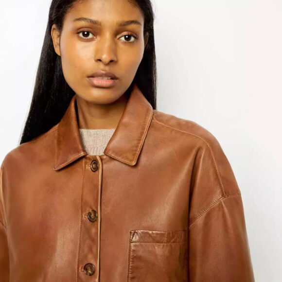 Elegant Brown Profile PU Leather Coat For Women - Image 5