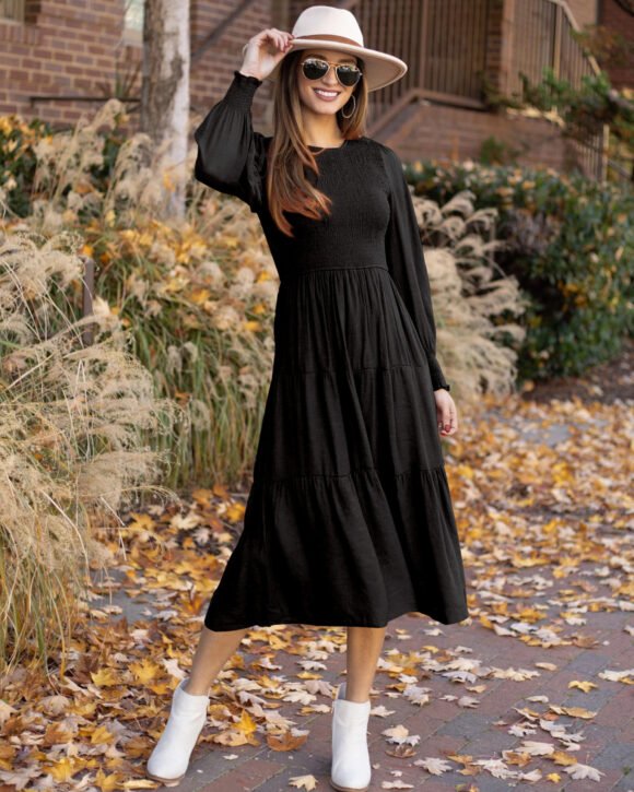 European And American Elegant Retro French Round-neck High Waist Smocking Dress - Image 6