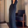 Deep V Solid Color Pleated Maxi Dress