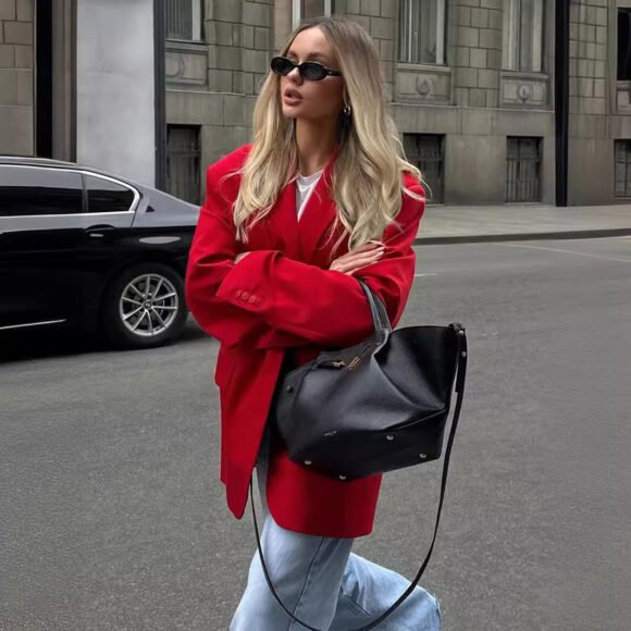 Feminine Style Shoulder Pad Loose Collar Pocket Jacket - Image 2