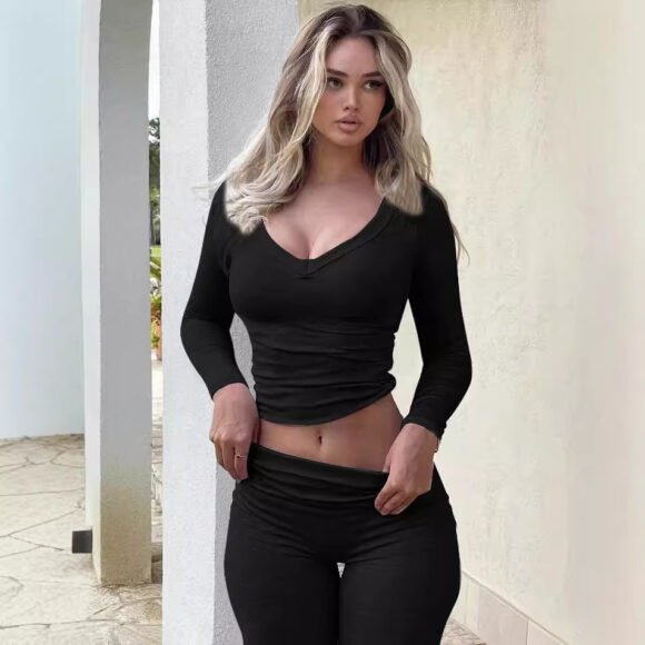 Solid Color Long Sleeve Flared Pants Two-piece Fashion Slim Fit Suit - Image 3