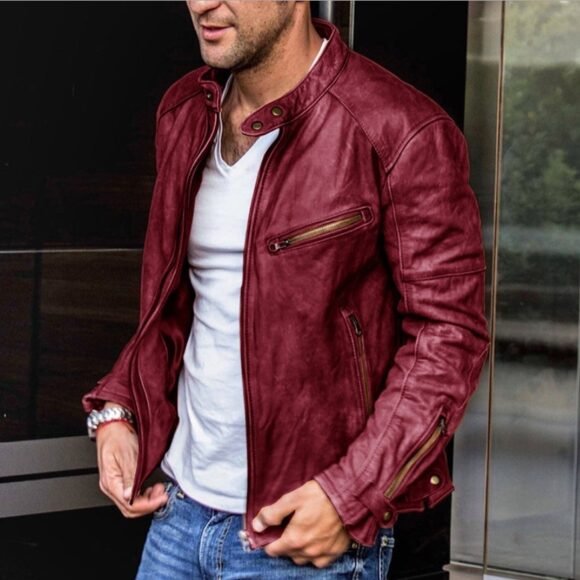 Fall Winter Men PU Leather Stand Collar Punk - Image 5