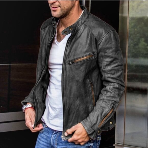 Fall Winter Men PU Leather Stand Collar Punk - Image 6