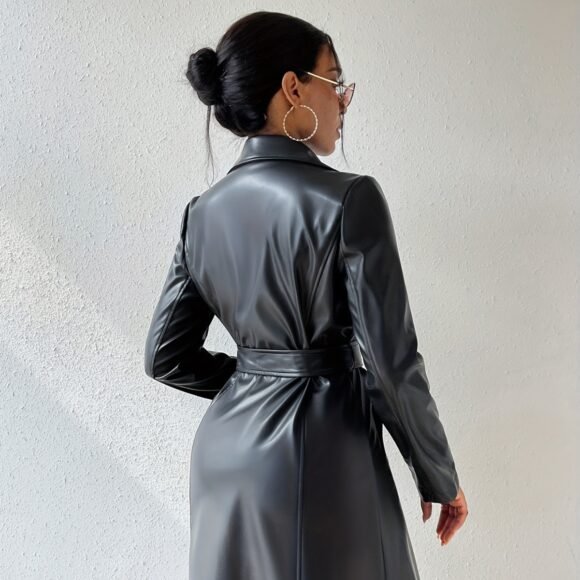 PU Long Sleeve Women's Slim Fit Long Trench Coat - Image 3