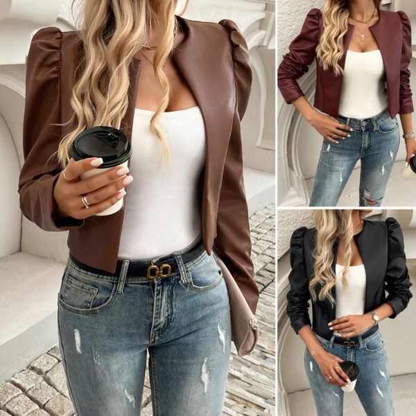 Jacket Women's Temperament Leisure Cardigan Solid Color Leather Coat - Image 3